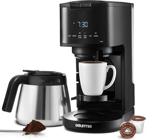 Gourmia Cafetera 2 en 1 de una sola porción y 12 tazas, compatible con K-Cup, programable, pausa y servicio, filtro extraíble, jarra térmica, color