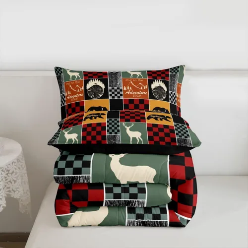 Miniatura 207 de Juego de edredón de oso y ciervo, tamaño individual, ropa de cama de animales salvajes de caza, colcha rústica de cabaña, casa de campo, cuadros