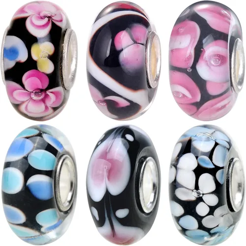 Miniatura 21 de RUBYCA Cuentas de cristal de Murano floral con núcleo de color plateado, ajuste europeo para hacer joyas, 6