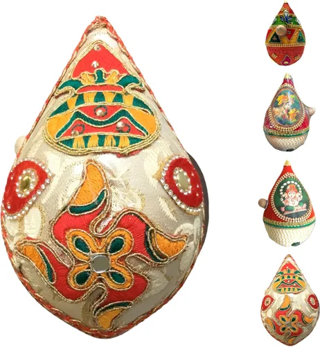 Miniatura 11 de LOVENSPIRE Shriphal Mangal Kalash Coco decorado para boda Shagun Decorativo Nariyal Mangal Nariyal Kalash Set Boda Pooja Nariyal Decorado Nariyal