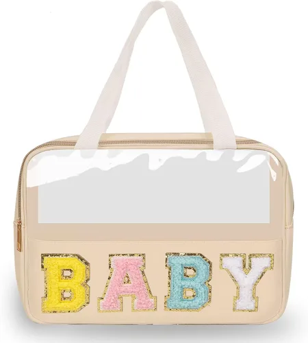 Miniatura 6 de izuzta Bolsas de maquillaje transparentes tipo tote con letras de chenilla, bolsa de maquillaje preppy con asa, Moda