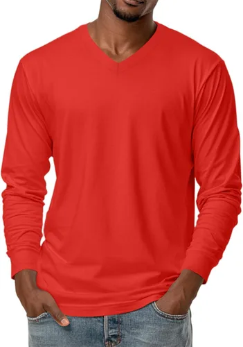 Miniatura 15 de Camiseta para hombre, manga larga, cuello en V, color liso, informal, básica, suave, elástica, M-3XL