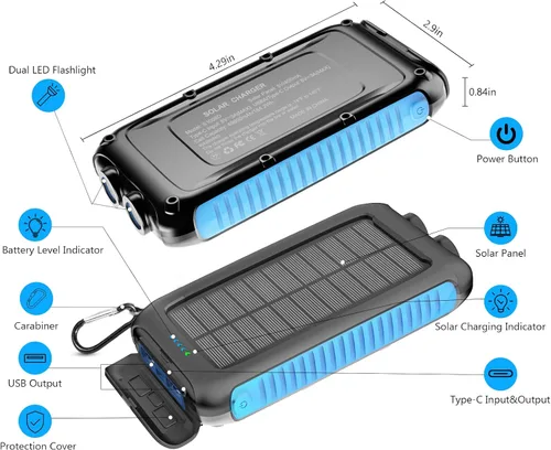 Miniatura 7 de Cargador solar-banco de energía-49800mAh Cargador solar portátil para teléfono con linterna LED/15W Carga rápida USB C Batería externa impermeable