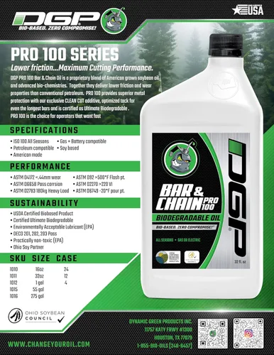 Miniatura 3 de DGP Pro100 Aceite biodegradable para barra y cadena – Verde, ecológico, no tóxico, lubricante profesional para barra y motosierra – Para todas