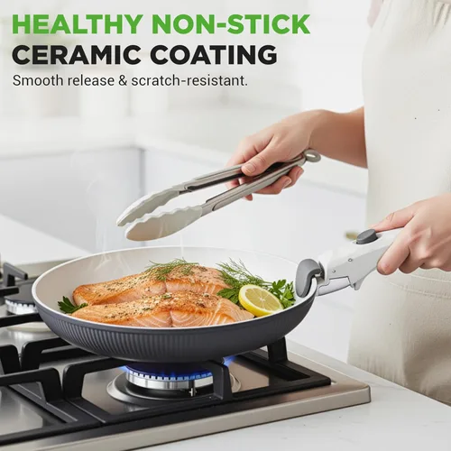 Miniatura 2 de NutriChef Juego de utensilios de cocina de cerámica de 18 piezas con asas desmontables, ollas y sartenes antiadherentes, revestimiento de cerámica