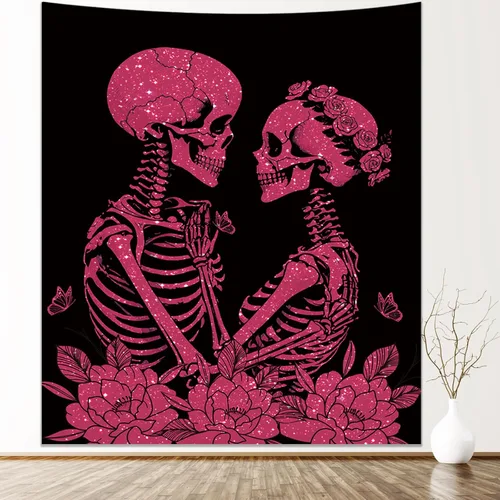 Miniatura 11 de KJHL The Lovers - Tapiz de calavera para colgar en la pared, tapiz gótico negro de bruja, tapiz de esqueleto vertical oscuro, tapices estéticos