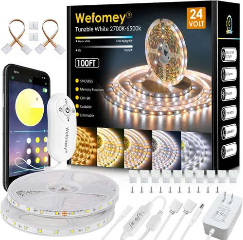 Miniatura 10 de Wefomey Tira de luces LED blancas, luz de cinta flexible regulable brillante de 24 V con control remoto y aplicación, fuente de alimentación