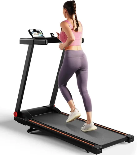 DeerRun Caminadora plegable para el hogar con 6% de inclinación manual y manubrio, almohadilla plegable compacta para caminar, trotar y correr,