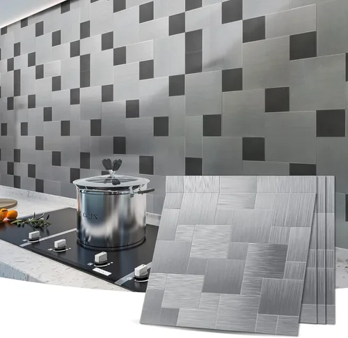 Miniatura 2 de Mosaico decorativo adhesivo de 12" x 12" con superficie de metal cepillado Art3d Plateado (Brush Silver)