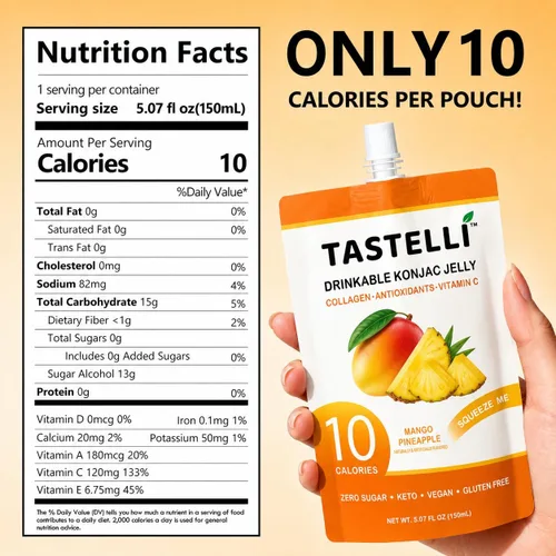 Miniatura 2 de Tastelli Gelatina Konjac de mango y piña con 1000 mg de colágeno y vitamina C, sin azúcar, sin gluten, baja en calorías, aperitivo de frutas