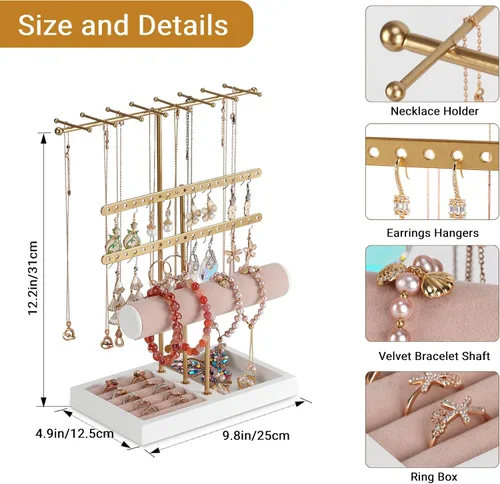 Miniatura 3 de JAZUIHA Organizador de joyas de 4 niveles dorado con organizador de collares, aretes, pulsera, caja de anillo, colgador para exhibición