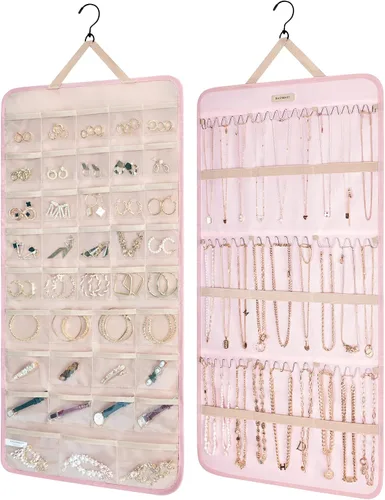 Miniatura 16 de Organizador de joyas colgante BAGSMART con rollo de almacenamiento y ganchos metálicos, soporte doble para aretes, collares, anillos en el armario