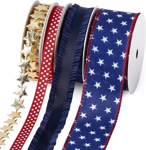 LaRibbons Patriotic Wired Ribbon 4 Rolls x 5 Yards Red White Blue Ribbon for 250th Anniversary 4th of July, Independence Day Wreaths Crafts Decor