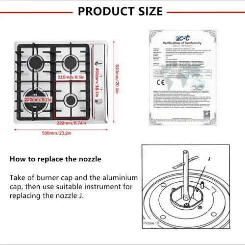 Miniatura 7 de Estufa de gas de 4 quemadores, estufa de gas de 23 pulgadas, de acero inoxidable, cocina de gas incorporada, cocina de gas natural plateada