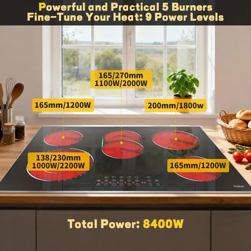 Miniatura 3 de Hobsir - Estufa eléctrica de 30 pulgadas, 5 quemadores, estufa eléctrica, estufa de cerámica de 8400 W con marco de metal de vidrio, temporizador