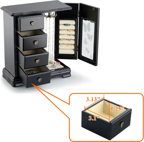 Miniatura 5 de RR ROUND RICH DESIGN Joyero de madera maciza para maquillaje y organizador de anillos para mujer, con 4 cajones incorporados, carrusel de collar