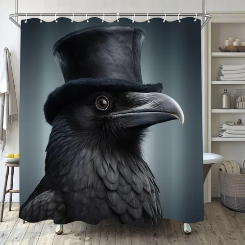 Cortina de ducha de cuervo con sombrero negro para baño, juego de cortina de ducha estilo bohemio con diseño de pájaro hippie, tela divertida,