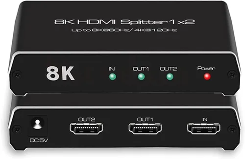 Divisor HDMI 8K 60Hz 1x2, 4K 120Hz HDMI 2.1 Divisor Convertidor 1 en 2 Salida HDCP 2.3 UHD HLG HDR 7680x4320P para 8KTV PS5 Xbox Game