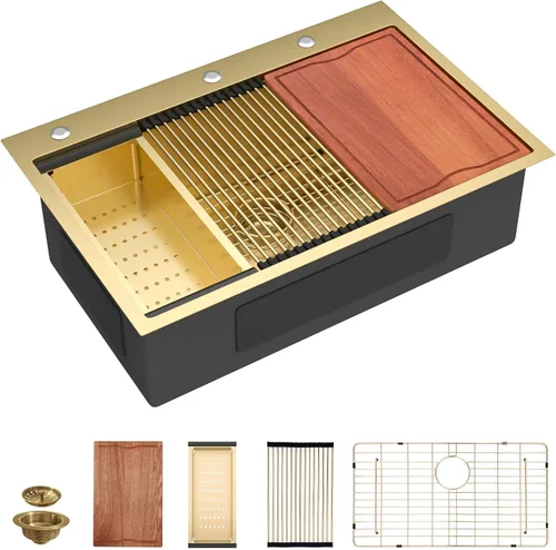 Miniatura 27 de Dcolora 33x22 Fregadero de cocina de acero inoxidable de 16 calibres, estación de trabajo de caída, fregadero de cuenco único grande, montaje