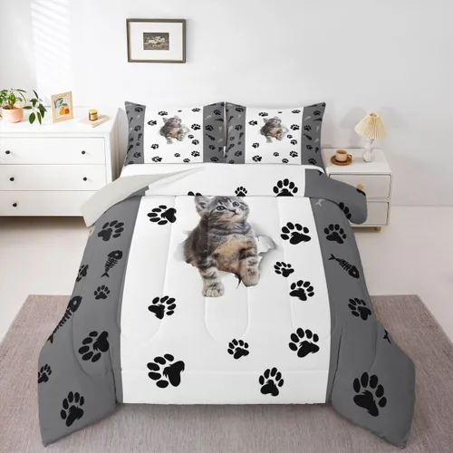 Miniatura 20 de Erosebridal Edredón de Gatos Lindos para Niños con Líneas de Arcoíris Neón, Juego de Ropa de Cama Individual para Niñas, Niños y Adolescentes, Gatos