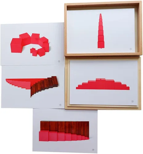 Kghios Montessori Pink Tower、 Escalera marrón y varillas rojas largas tarjetas sensoriales con caja de madera, materiales de juguetes Montessori