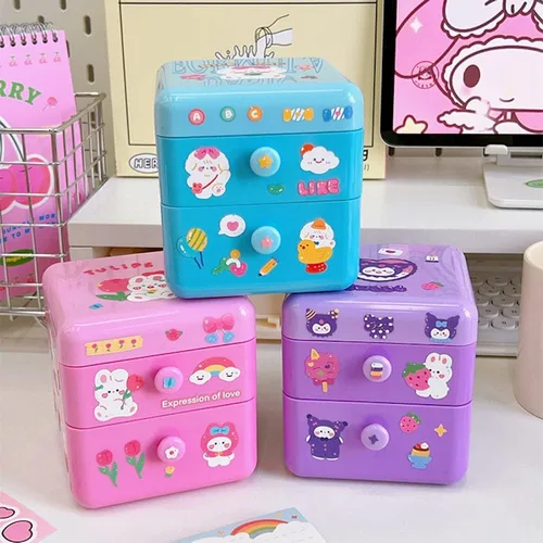 Miniatura 2 de Organizador de escritorio pequeño Kawaii con tapa y 2 cajones, lindo organizador de escritorio Kawaii con calcomanías de bricolaje para adolescentes