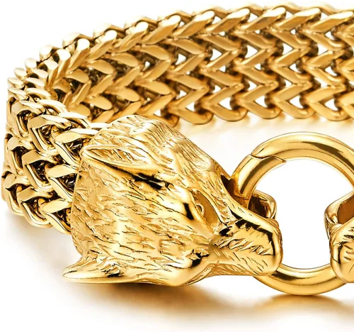 Miniatura 3 de COOLSTEELANDBEYOND Biker - Pulsera de acero inoxidable para hombre con cabeza de lobo con cierre de anillo de resorte