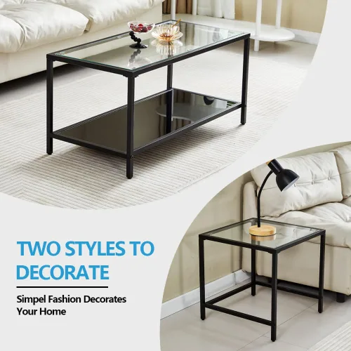Miniatura 3 de Mesa de centro de cristal de metal negro, mesa de centro simple para sala de estar, hogar, mesa de centro con marco de metal con 2 estantes, mesa