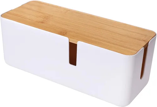 Miniatura 8 de Changsuo Caja de organización de cables con tapa de bambú, pequeña caja organizadora de cables para cable de extensión, protector de sobretensiones