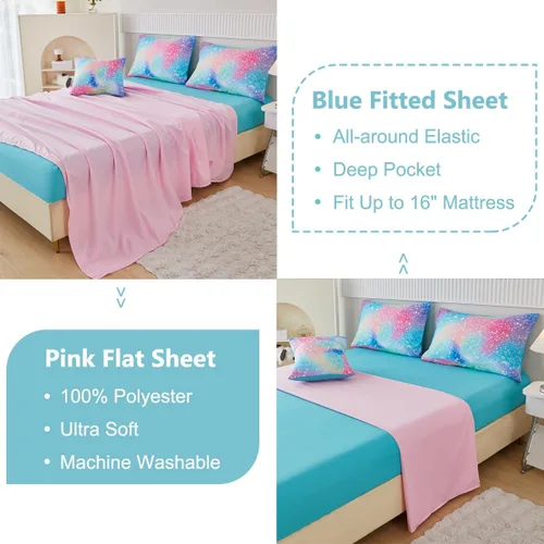 Miniatura 5 de PERFEMET Juego de edredón de tamaño completo para niñas, 6 piezas, rosa verde degradado arcoíris, juego de ropa de cama colorido tie dye con Azul