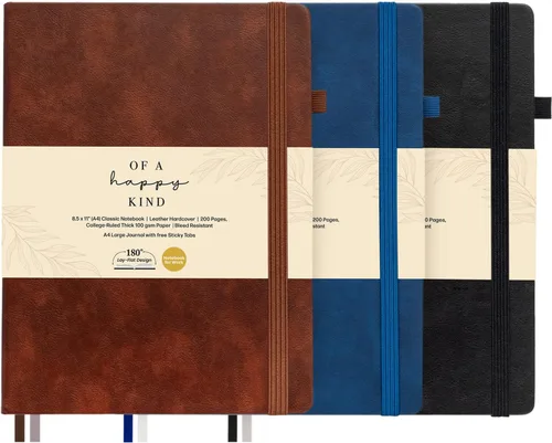 Miniatura 11 de Cuaderno clásico con líneas de 8.5x11" A4 tapa dura de cuero - Negro - 200 páginas con rayas universitarias grande con pestañas adhesivas, bolsillos