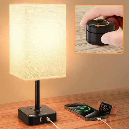 Miniatura 9 de COZOO - Lámpara de mesa y mesita de noche con control táctil de intensidad regulable de 3 vías, 3 puertos de carga USB y 2 tomas de corriente, base