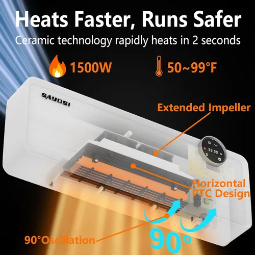 Miniatura 4 de Calentador de pared eléctrico para interiores de 1500 W para dormitorio, hogar, espacio de hasta 1000 pies cuadrados