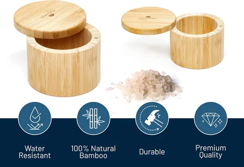 Miniatura 2 de RoyalHouse Soporte para sal y pimienta de bambú natural de 6 onzas con tapa de bambú, bodega de sal con tapa giratoria magnética, caja