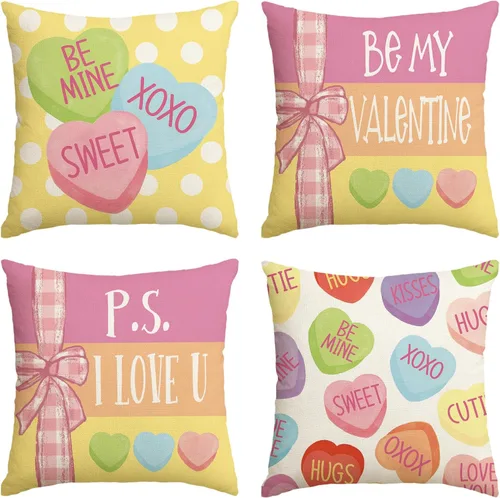 AVOIN colorlife - Juego de 4 fundas de cojín con diseño de corazón de caramelo multicolor "Be My Valentine", fundas de cojín decorativas con rayas