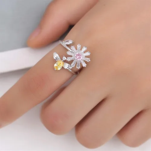 Miniatura 3 de Anillo ajustable para mujer anillo de piedra natal circonita cúbica anti ansiedad apertura de flores y abejas anillo giratorio para niña anillo