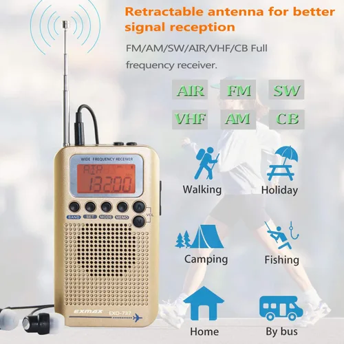 Miniatura 4 de EXMAX EXD-737 Receptor de radio de onda corta de frecuencia de banda completa Banda de aire portátil de mano para aviones Altavoz de alarma digital