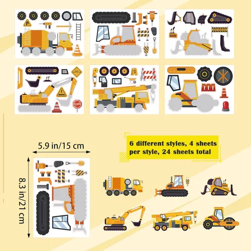 Miniatura 2 de 24 hojas de calcomanías de construcción para hacer una cara, calcomanías de juegos de fiesta de excavadora para mezclar y combinar, haz tus propias