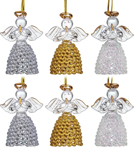 Miniatura 8 de 12 adornos de ángel dorado de cristal, ángeles de la guarda, adornos para árbol de Navidad de 2.1 pulgadas, colorido mini ángel colgante hilado