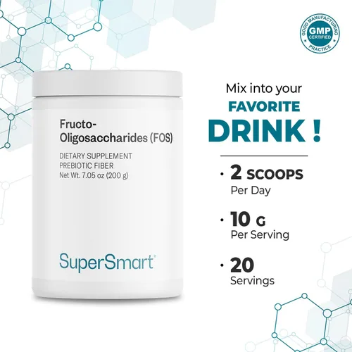 Miniatura 6 de Supersmart Fructo Oligosacáridos en polvo (prebióticos FOS) - Oligofructosa inulina - Suplemento de fibra Sin OMG y sin gluten - 7.05 oz