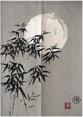 MYRU Tapiz japonés Noren para cortina (bambú y luna, 33.5 x 59 pulgadas)