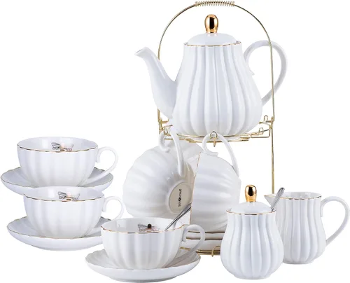 Miniatura 10 de Jusalpha Fine China Juego de Taza de Café/Taza de Té Morada de 8 OZ, Platillo, Cucharas, Tetera y Cremera, 17 Piezas (Juego FD-TW17PC, Morado)