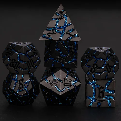 Miniatura 12 de Juego de Dados de Metal DND, Conjunto de 7 Dados Poliédricos D&D, Conjunto de Dados con Grietas Brillantes para Juego de Rol Calabozos y Dragones