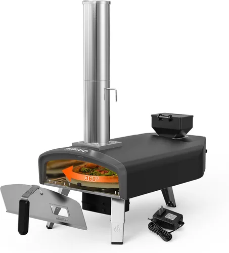 Mimiuo Horno de pizza al aire libre Horno de pizza de pellets de madera de 12 pulgadas con piedra giratoria redonda para pizza, estufa de pizza