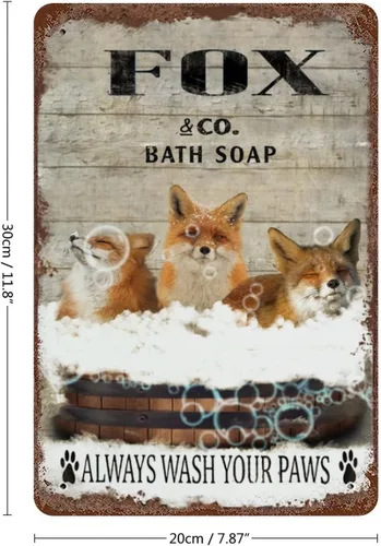Miniatura 2 de Placa colgante de hierro vintage con diseño de zorro, letrero de hojalata vintage con texto en inglés "Wash Your Paws", letrero de metal para bar