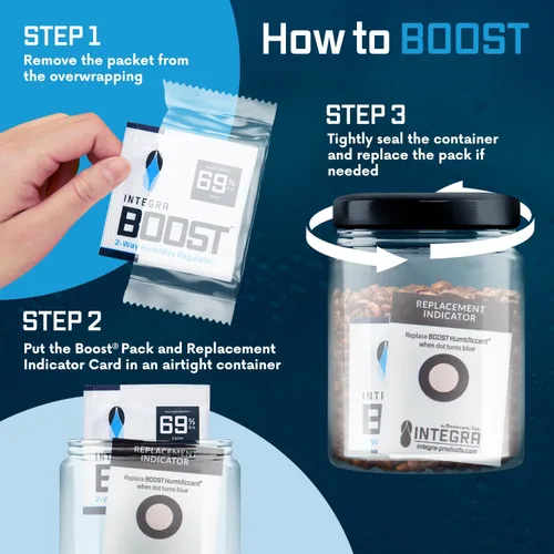 Miniatura 5 de Integra Boost Paquete de control de humedad de 2 vías, conserva el sabor y controla la humedad al 69% de RH, absorbente de humedad para hierbas