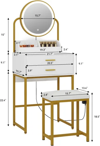 Miniatura 5 de ARTETHYS Escritorio pequeño con espejo y luces, tocador de maquillaje compacto blanco con silla, moderno tocador que ahorra espacio con cajón