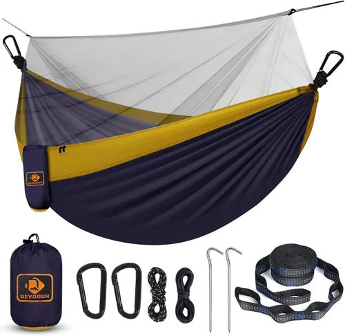 Miniatura 16 de Hamaca de camping con red, hamaca doble portátil ligera con correas para árbol y mosquetones sólidos en forma de D, hamaca de nailon de paracaídas