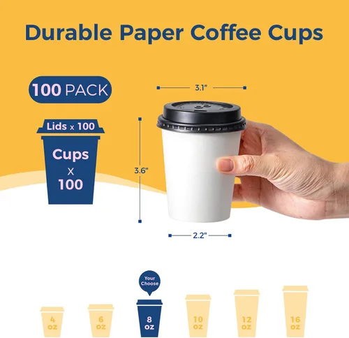 Miniatura 2 de Fit Meal Prep Paquete de 100 tazas de café desechables de 8 onzas con tapas, vasos de papel de alta calidad, tazas de café caliente a prueba