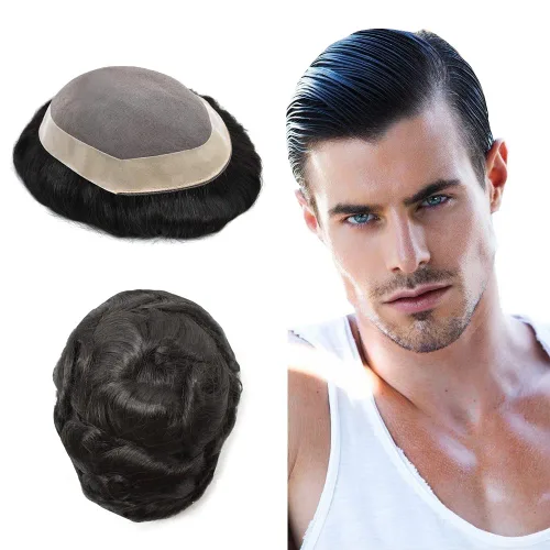 Miniatura 33 de Toupee para hombres sistemas de reemplazo de piezas de cabello humano real, duradero, fino, mono para hombre, tupé, sistema de cabello para hombre